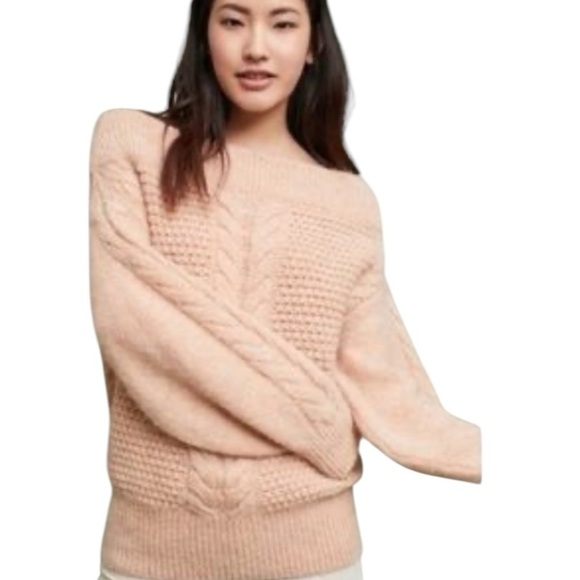 Sleeping On Snow Anthropologie Coastal Off The Shoulder Cable Knit Sweater Sz. L - Picture 1 of 14